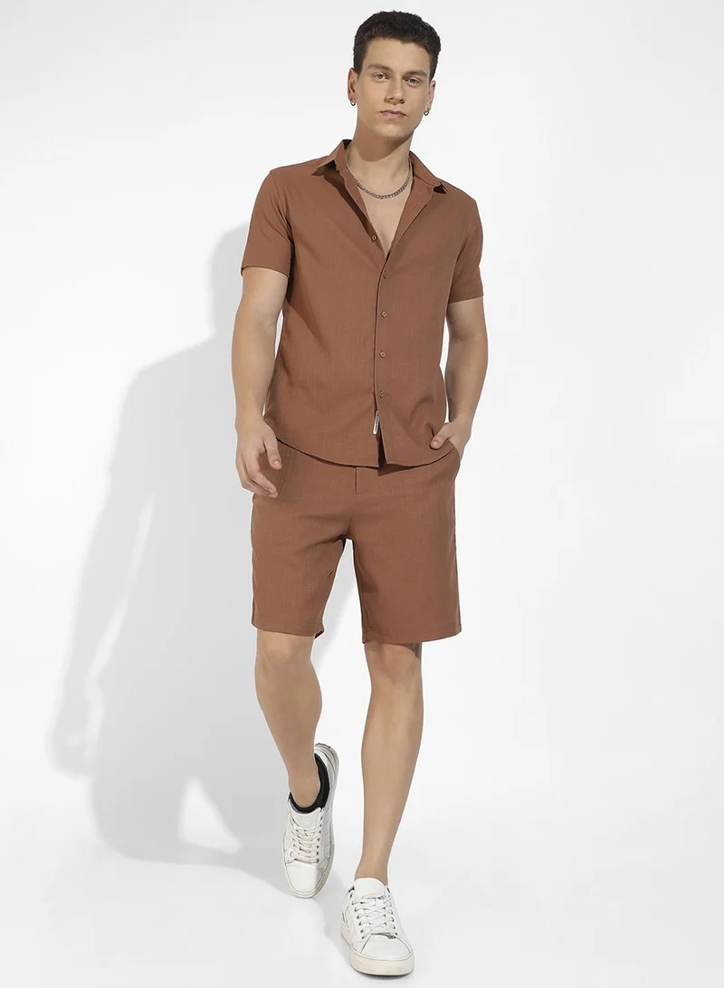 CAHOOT  Men's Brown Basic Textured Co-Ord Set For Casual Wear | Spread Collar | Short Sleeve | Button Closure | Cotton Co-Ords Crafted With Comfort Fit For Everyday Wear for Men | Best Price UAE